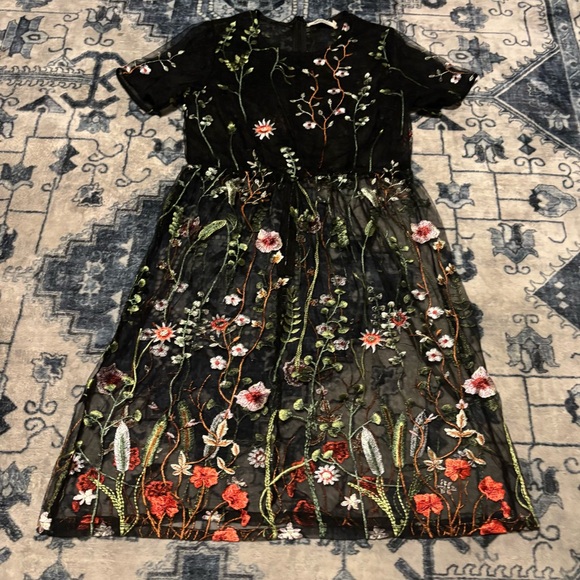 METISU BLACK FLORAL MESH SHORT-SLEEVE SUMMER LIGHTWEIGHT EMBROIDERED MIDI DRESS - Picture 14 of 16